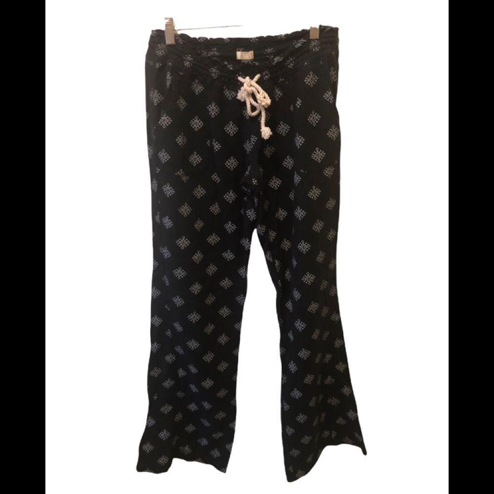 Roxy Black Printed Snowflake Lounge Pant Sz L Relaxed Flare Hem Drawstring Waist
